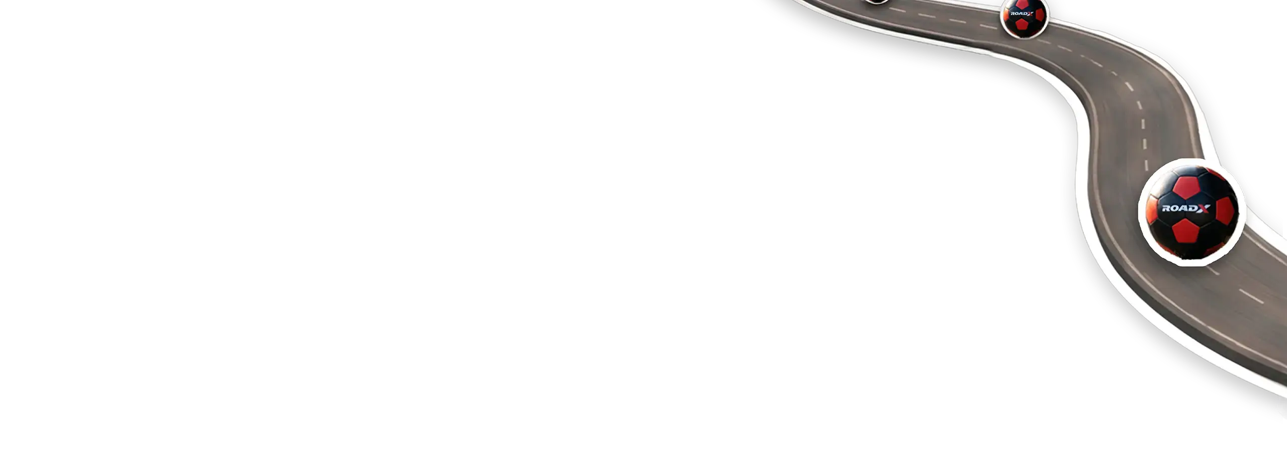 Curving roadway graphic on a light gray background featuring RoadX-branded soccer balls positioned along the road. The road bends from the upper right corner downward in a sweeping curve, creating a dynamic path element suitable as a decorative border or visual divider. The design includes realistic asphalt texture, lane markings, and subtle shadows for depth.