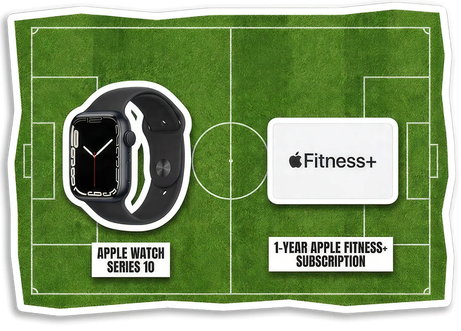 Prize pack graphic displayed on a soccer field background featuring two fitness-themed rewards: an Apple Watch Series 10 with a black sport band and a one-year Apple Fitness+ subscription card. The prizes are positioned on opposite sides of a green soccer pitch and labeled beneath each item. The design resembles collectible game pieces placed on a football field.