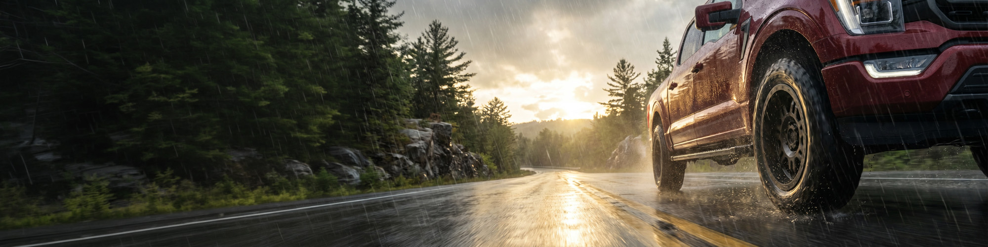 Camionnette rouge roulant sur une route canadienne mouillée sous la pluie au coucher du soleil, mettant en valeur l’adhérence et la stabilité des pneus